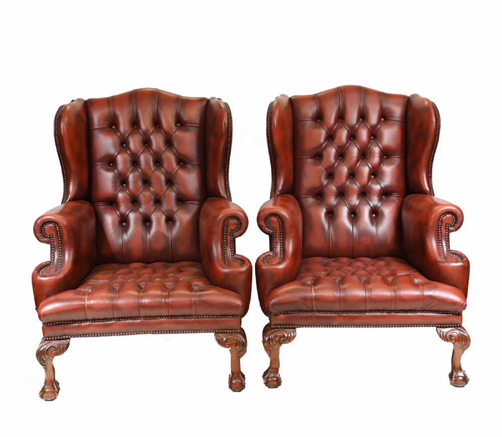 Pair Leather Wing Back Chairs Deep Button Armchairs