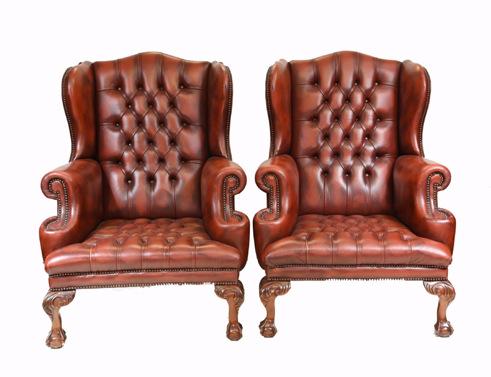 Pair Leather Wing Back Chairs Deep Button Armchairs View III