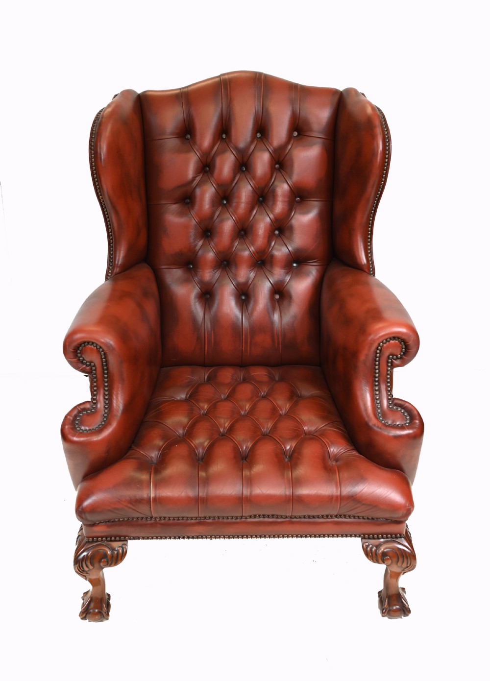 Pair Leather Wing Back Chairs Deep Button Armchairs View IV
