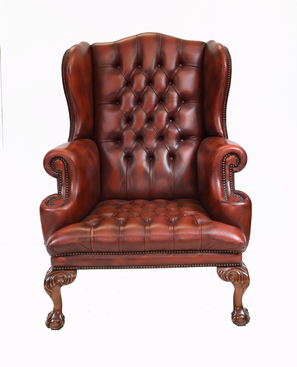 Pair Leather Wing Back Chairs Deep Button Armchairs View V