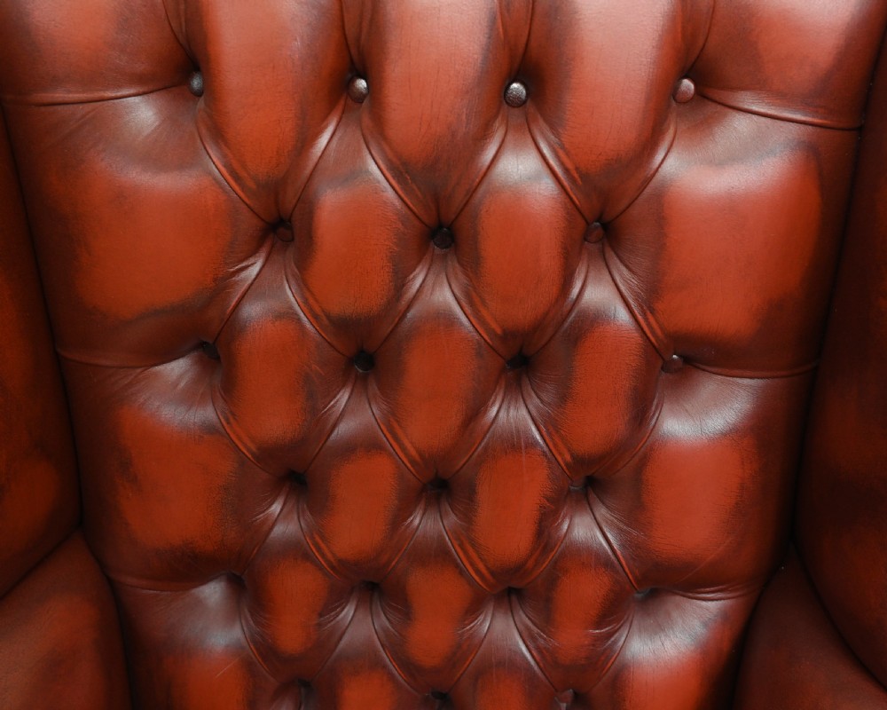 Pair Leather Wing Back Chairs Deep Button Armchairs View VI