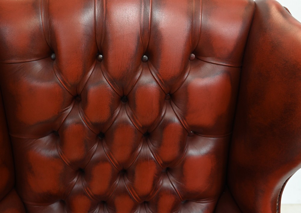 Pair Leather Wing Back Chairs Deep Button Armchairs View VII