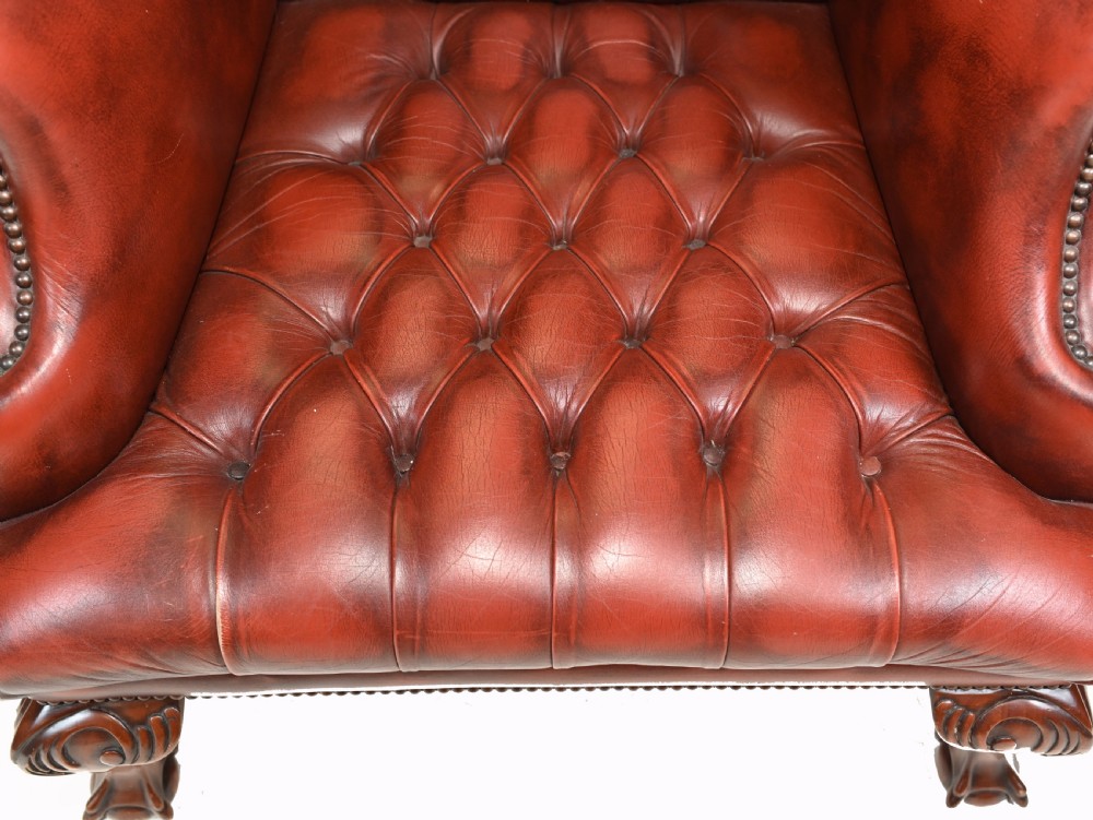 Pair Leather Wing Back Chairs Deep Button Armchairs View VIII