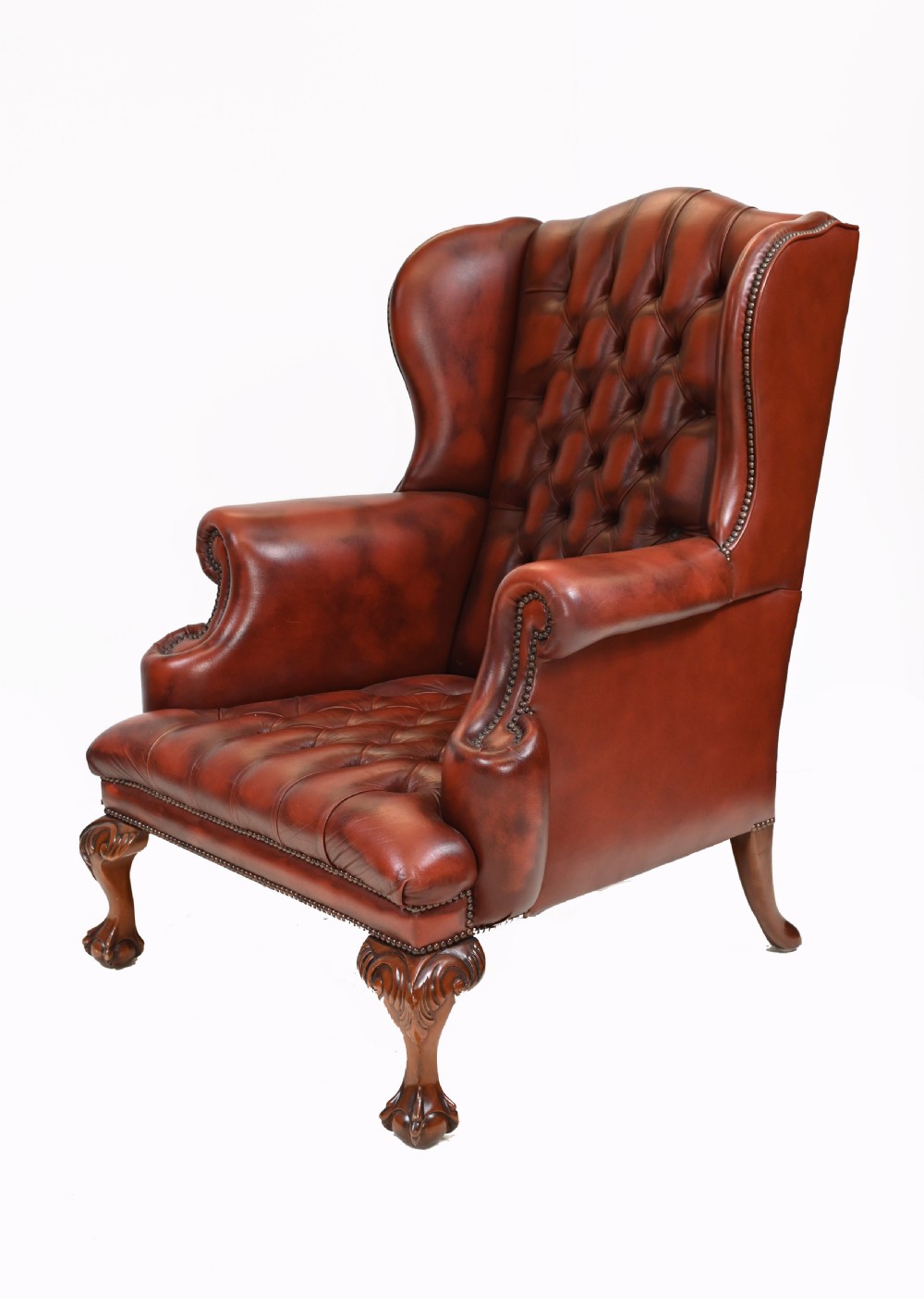 Pair Leather Wing Back Chairs Deep Button Armchairs View IX
