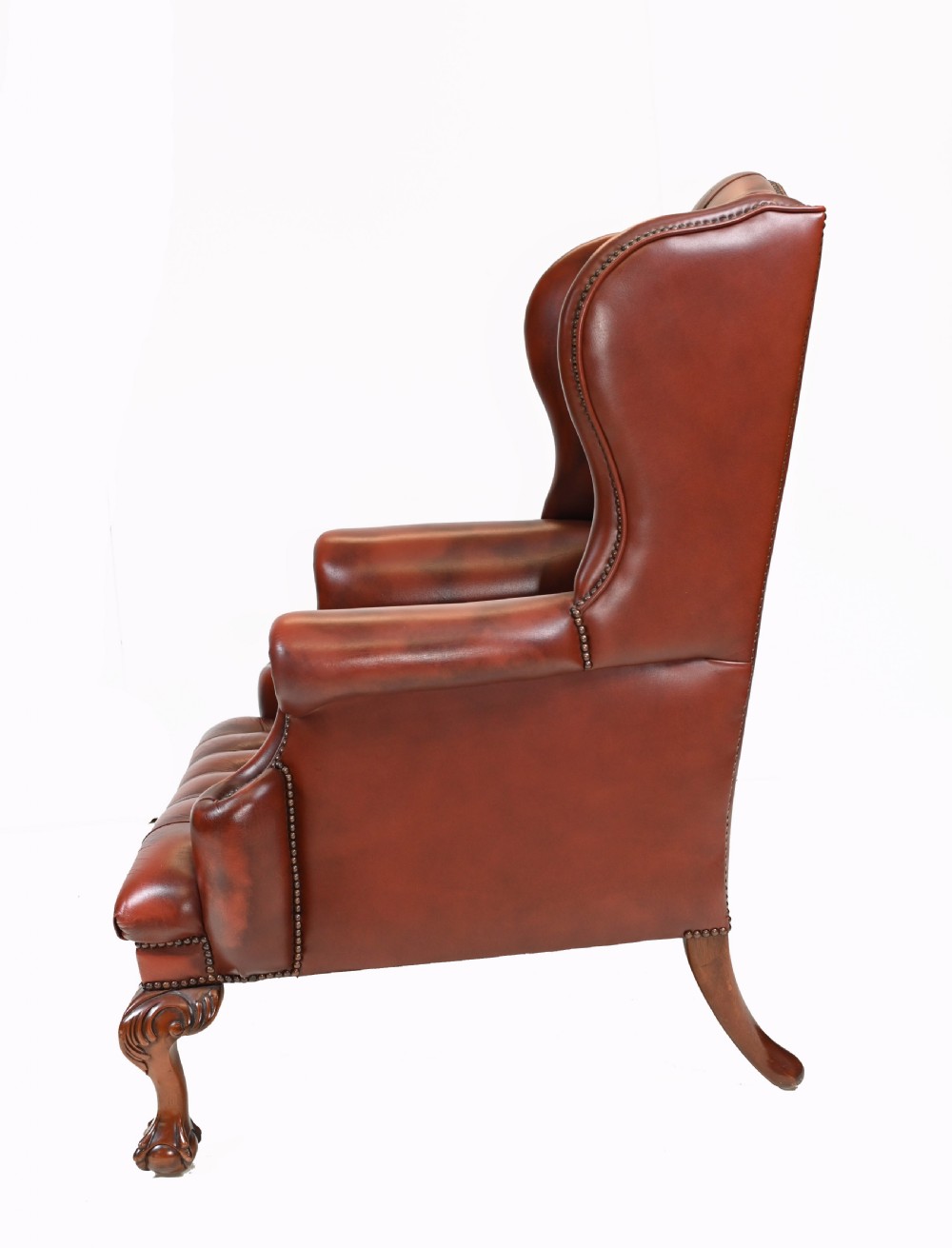 Pair Leather Wing Back Chairs Deep Button Armchairs View X