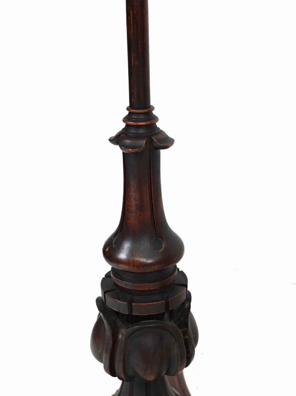 A pair of antique Regency rosewood pole screens with carved triform bases and adjustable framed needlepoint tapestry panels. View VI