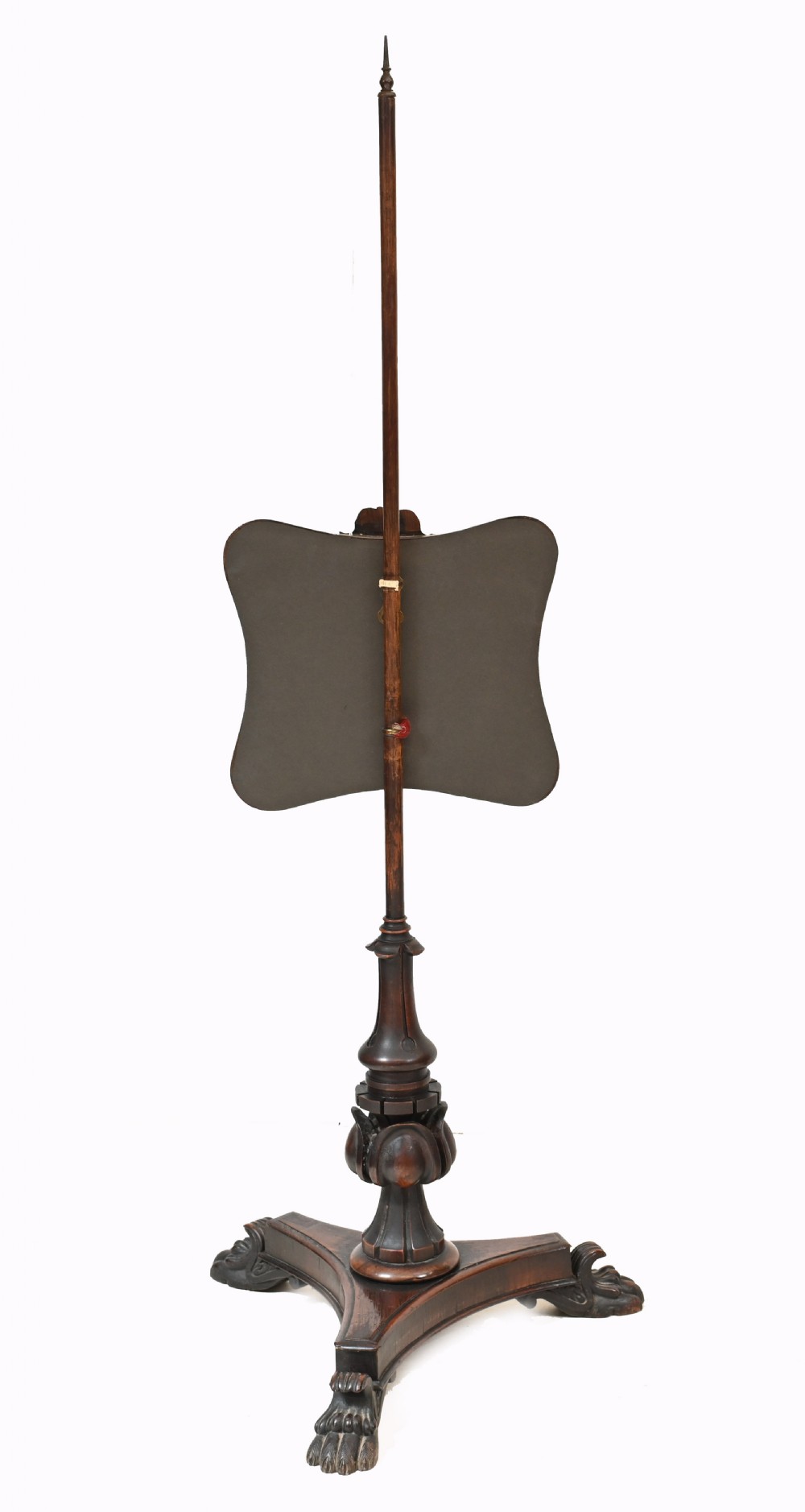 A pair of antique Regency rosewood pole screens with carved triform bases and adjustable framed needlepoint tapestry panels. View XIII