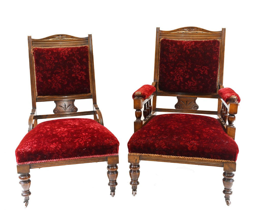 Pair Edwardian Sofa Chairs Mahogany His & Her Seats