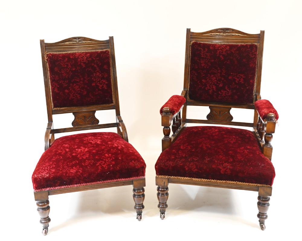 Pair Edwardian Sofa Chairs Mahogany His & Her Seats View II