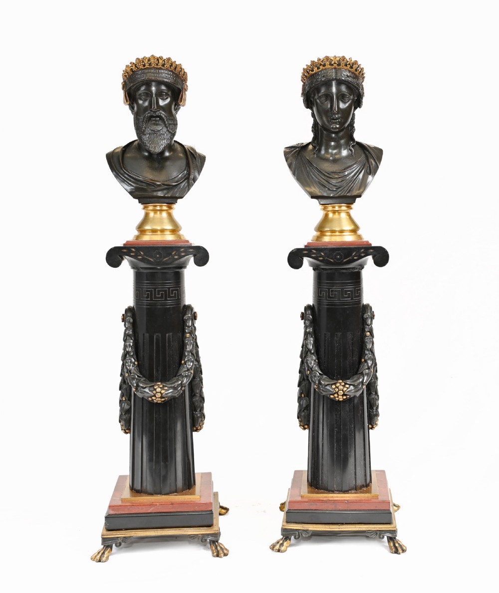 Pair Grand Tour Busts on Stands Bronze Jupiter Juno 1820 View II