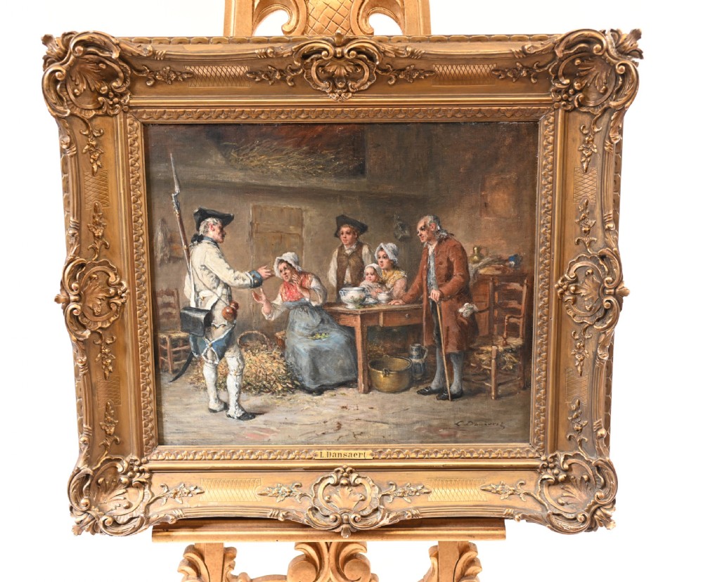 Antique Oil Painting Signed Dansaert Soldier Homecoming Portrait