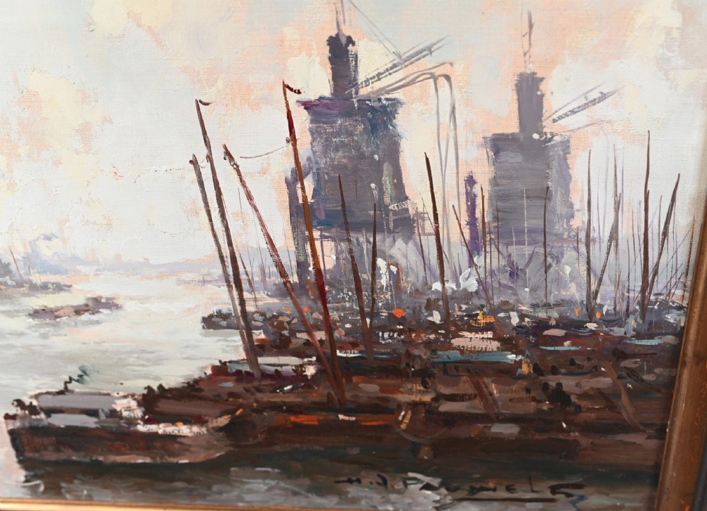 Oil Painting Ostend Maritime Ship Signed Pauwels Antique Art View III