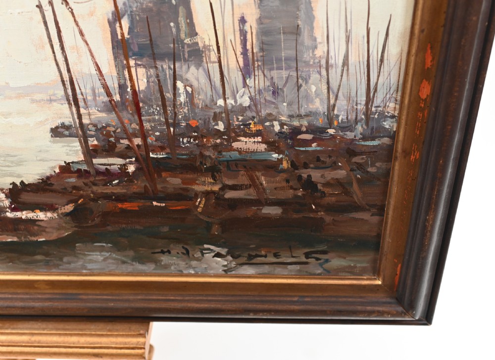 Oil Painting Ostend Maritime Ship Signed Pauwels Antique Art View IV