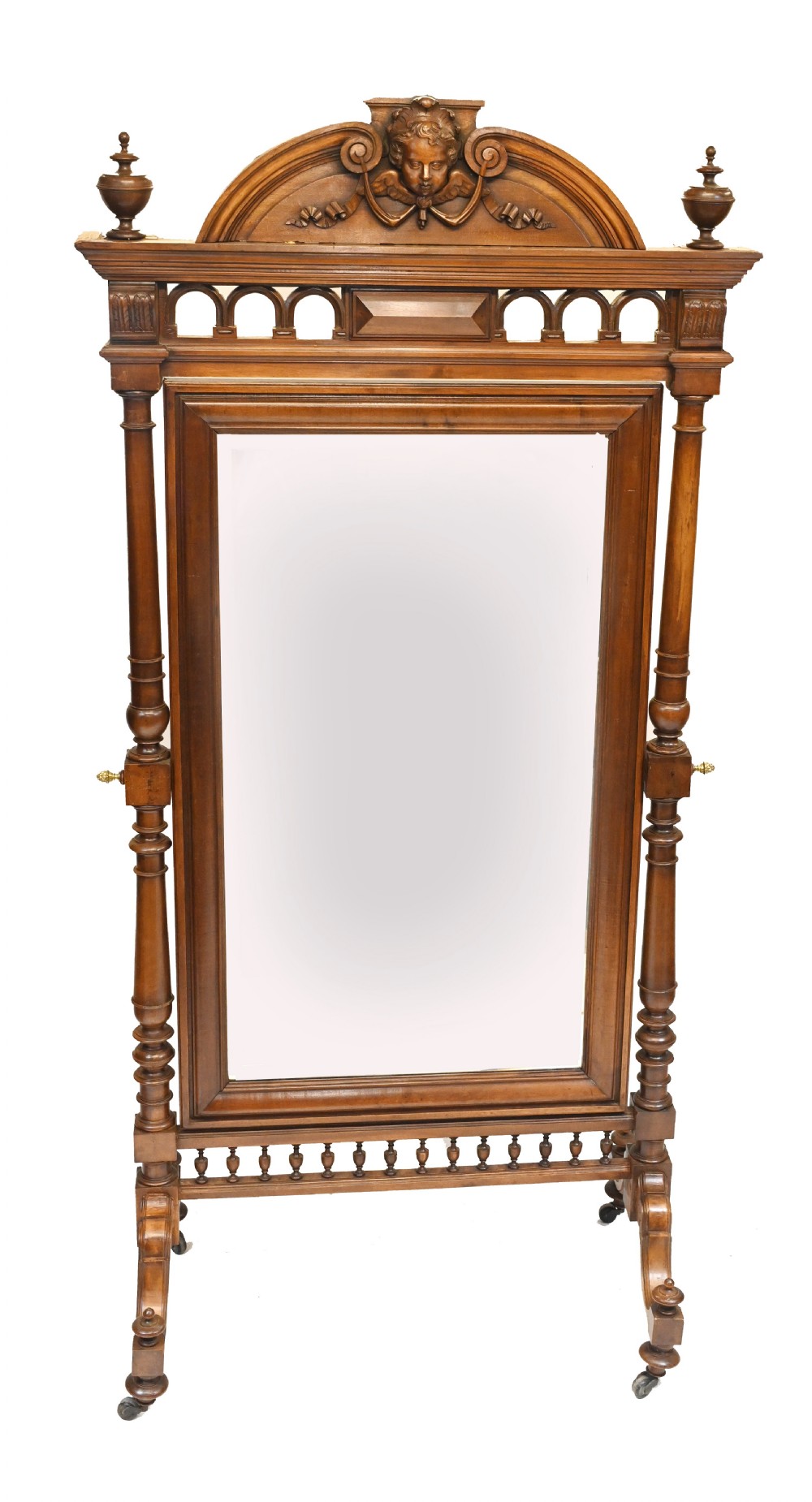 French Cheval Mirror Dressing Carved Walnut Cherub 1860