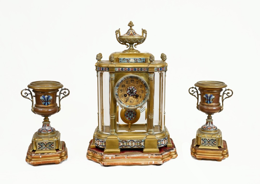 French Clock Set Garniture Champleve Antique Clocks 1860