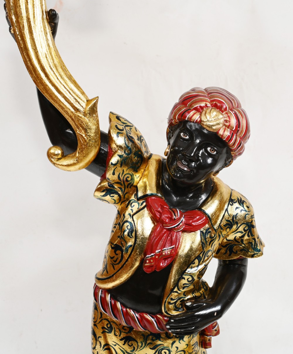 Pair Venetian Blackamoor Candelabras Carved Statues 1930 View II