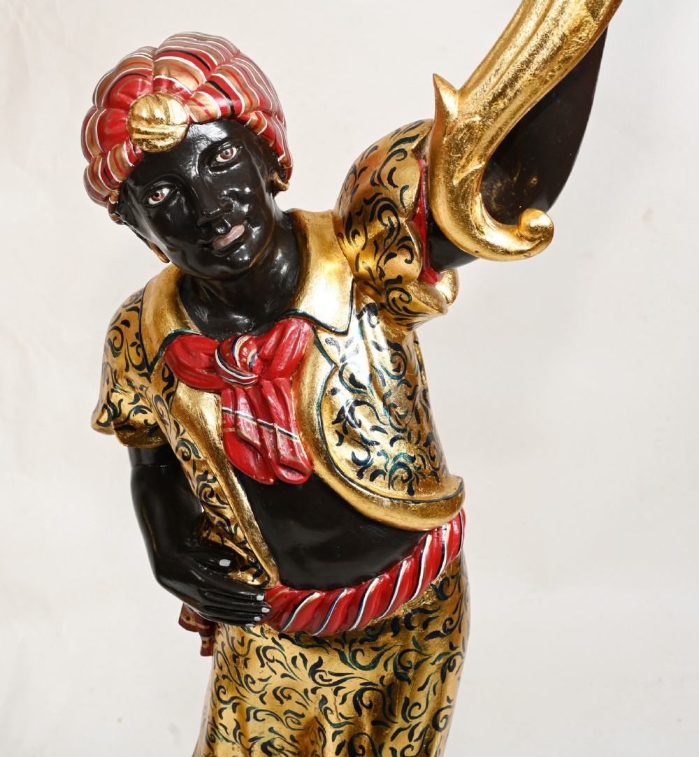 Pair Venetian Blackamoor Candelabras Carved Statues 1930 View III