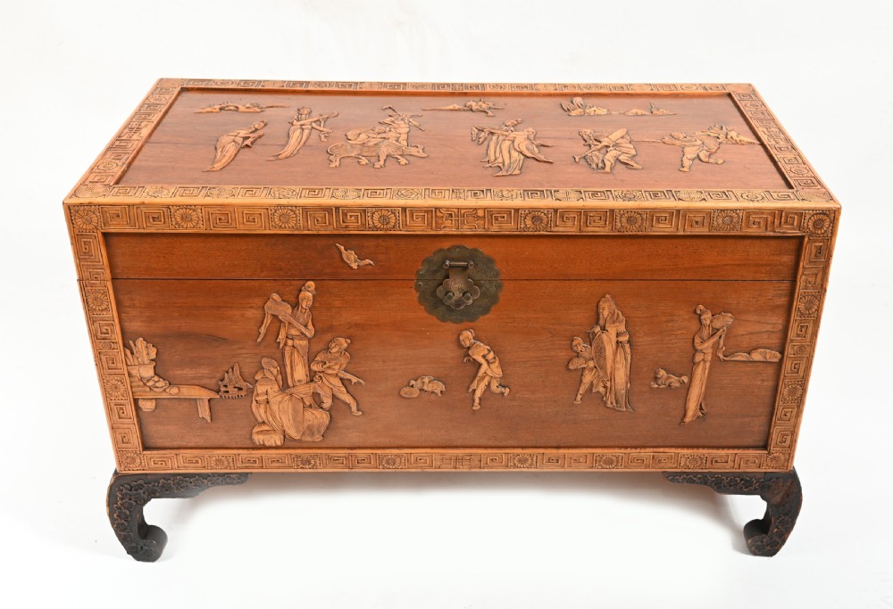 Chinese Camphor Chest Wedding Trunk Carved Figurines 1910