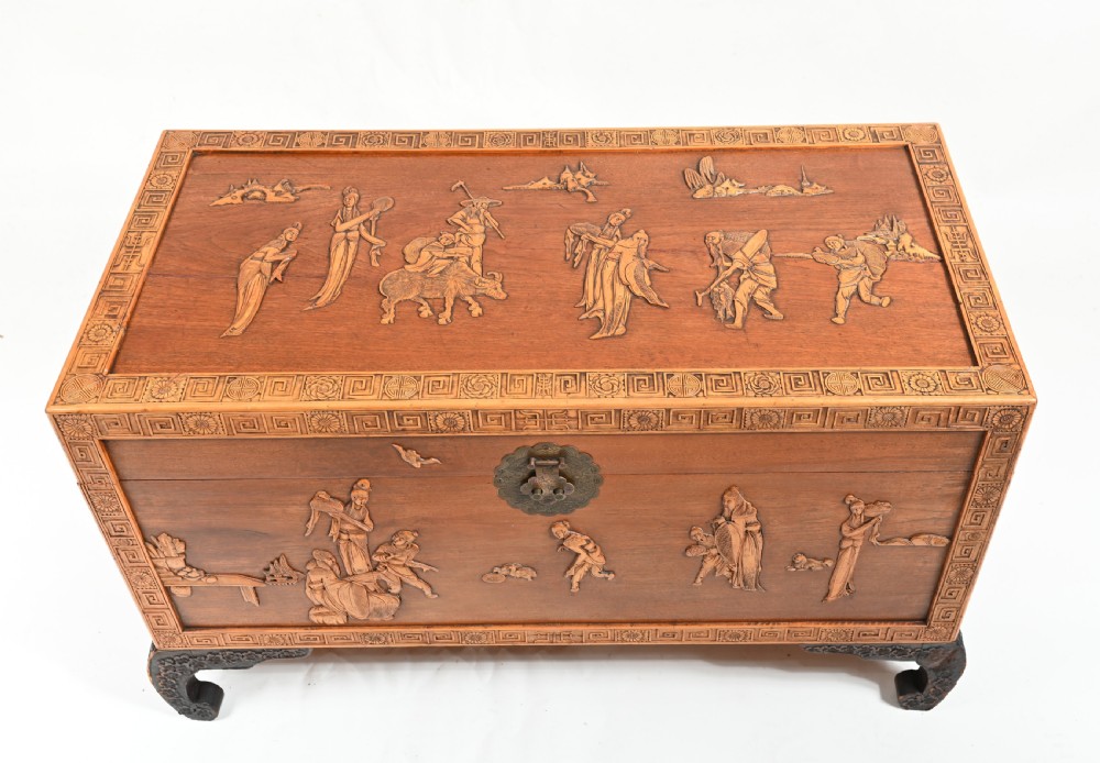 Chinese Camphor Chest Wedding Trunk Carved Figurines 1910 View II