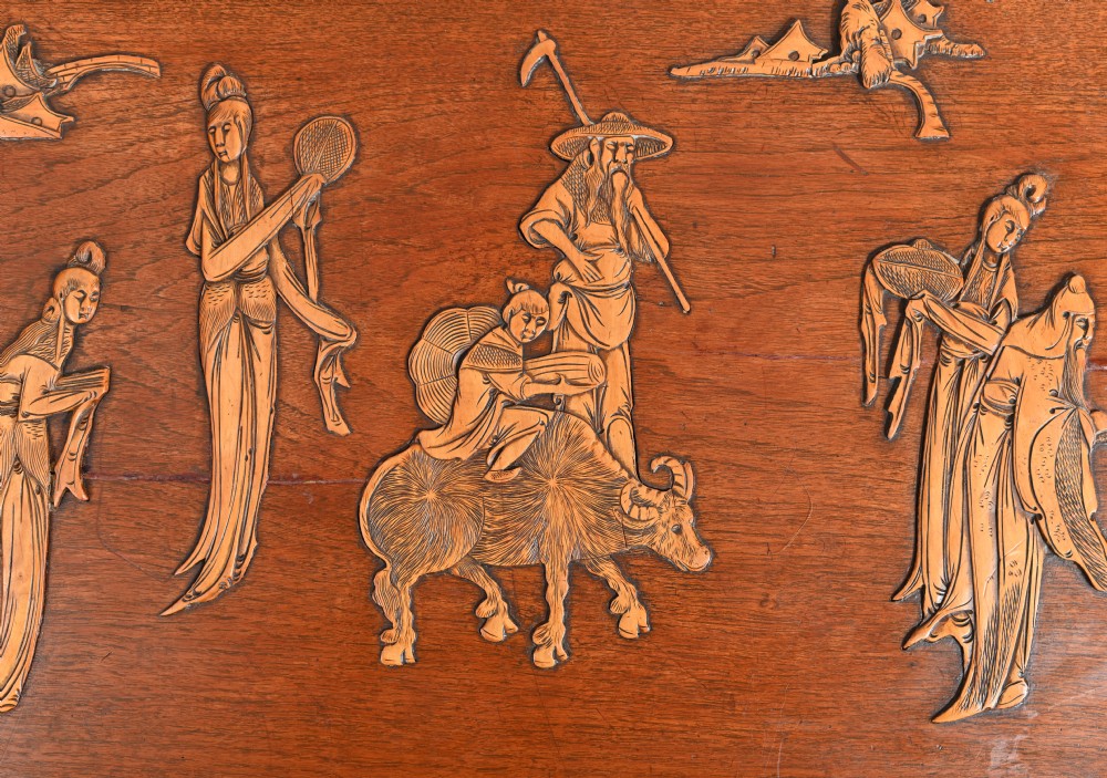 Chinese Camphor Chest Wedding Trunk Carved Figurines 1910 View III