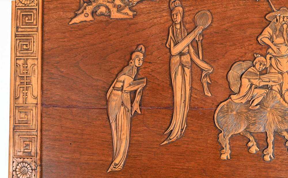 Chinese Camphor Chest Wedding Trunk Carved Figurines 1910 View IV