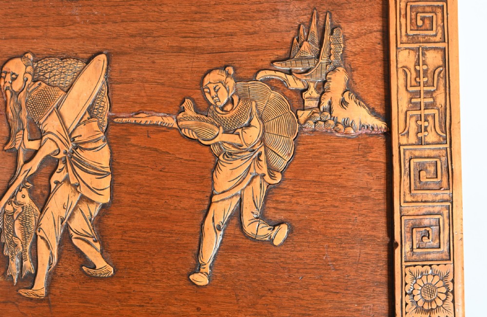 Chinese Camphor Chest Wedding Trunk Carved Figurines 1910 View V