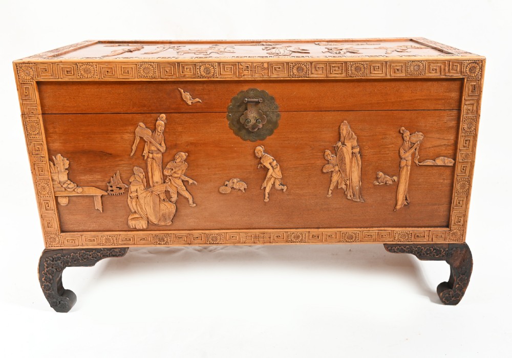 Chinese Camphor Chest Wedding Trunk Carved Figurines 1910 View VII