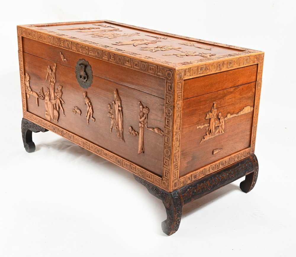Chinese Camphor Chest Wedding Trunk Carved Figurines 1910 View VIII
