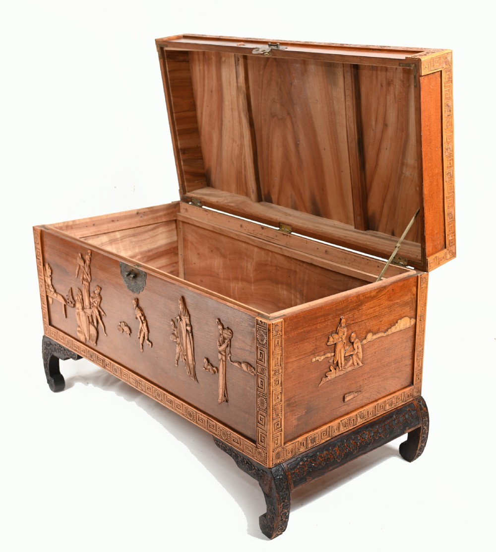 Chinese Camphor Chest Wedding Trunk Carved Figurines 1910 View X