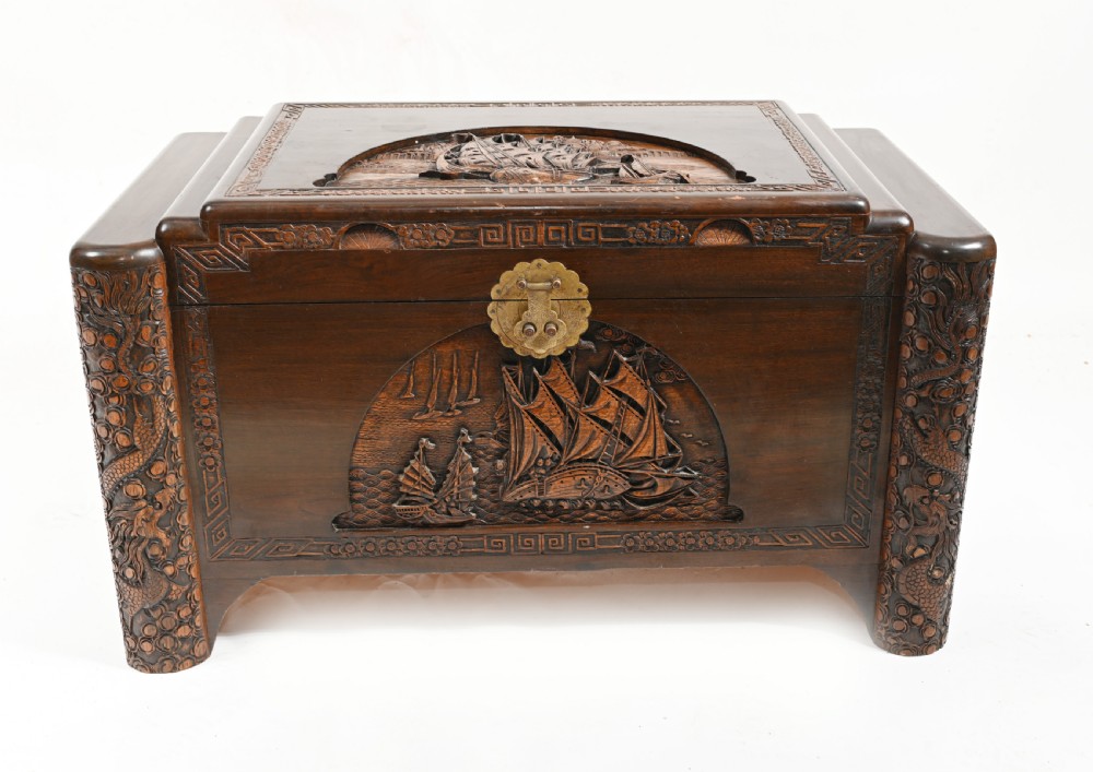 Chinese Camphor Chest Carved Antique Box Trunk Hong Kong