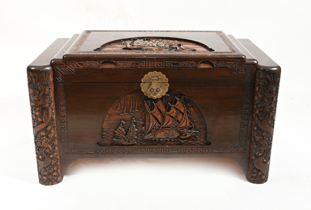 Chinese Camphor Chest Carved Antique Box Trunk Hong Kong View II