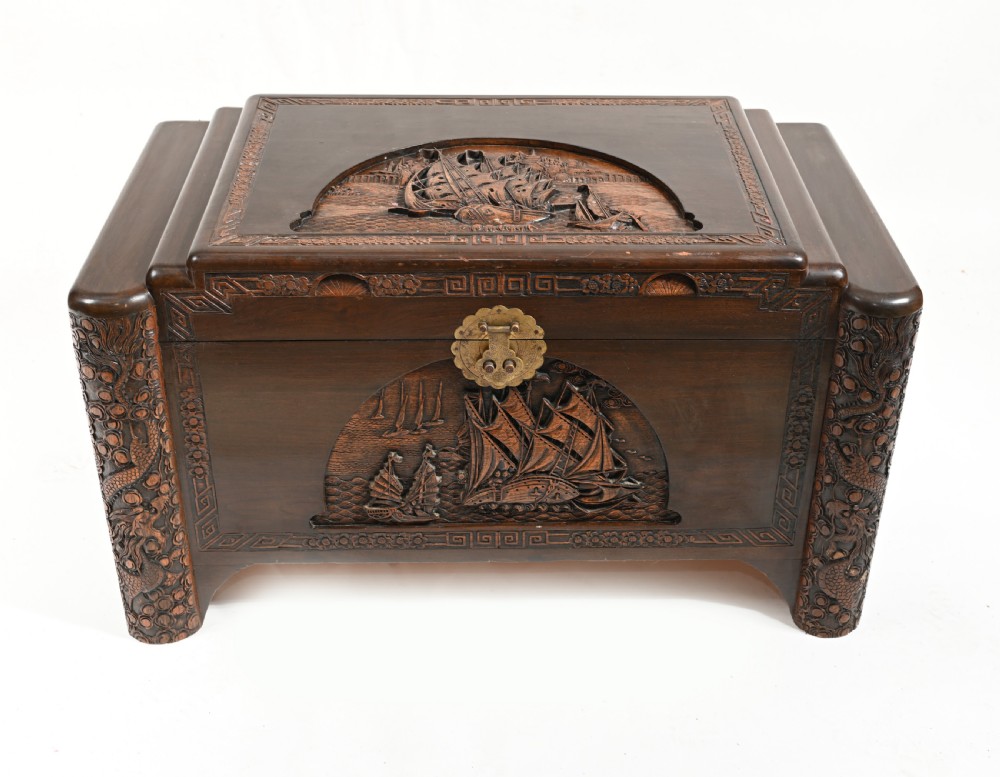 Chinese Camphor Chest Carved Antique Box Trunk Hong Kong View III