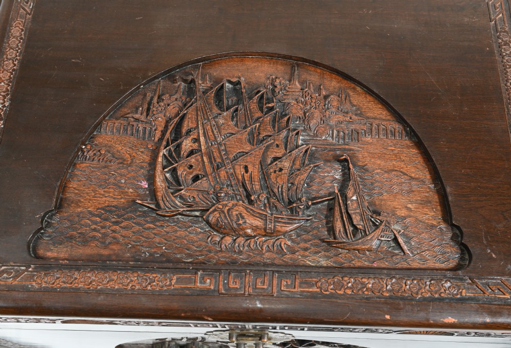 Chinese Camphor Chest Carved Antique Box Trunk Hong Kong View IV