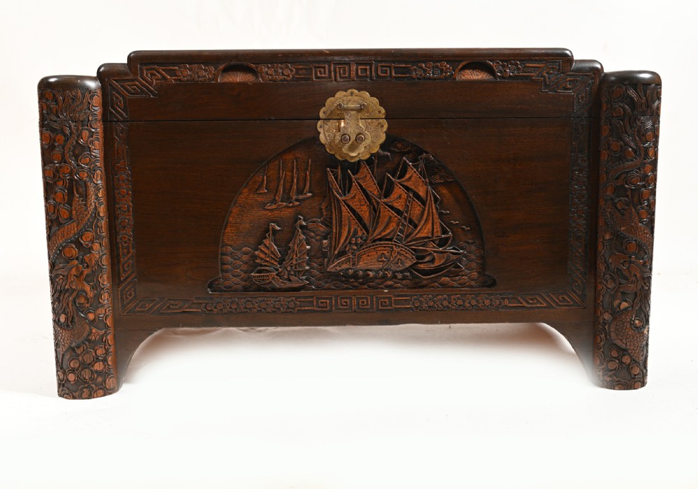 Chinese Camphor Chest Carved Antique Box Trunk Hong Kong View V