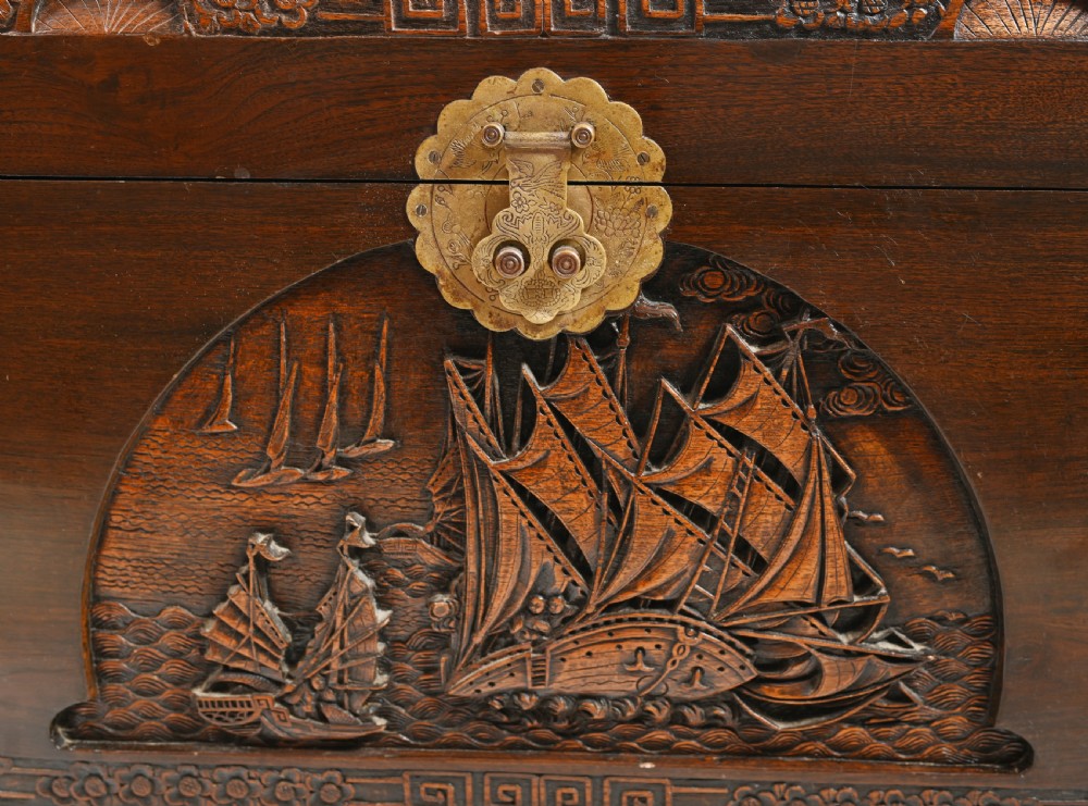 Chinese Camphor Chest Carved Antique Box Trunk Hong Kong View VI