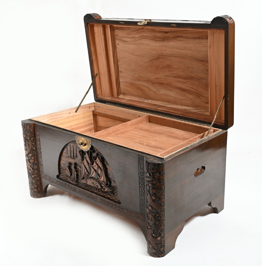 Chinese Camphor Chest Carved Antique Box Trunk Hong Kong View VII