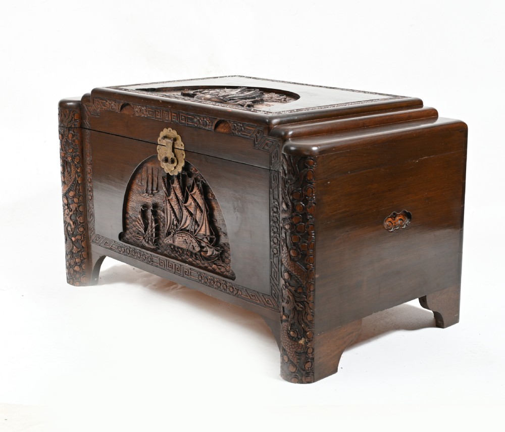 Chinese Camphor Chest Carved Antique Box Trunk Hong Kong View VIII