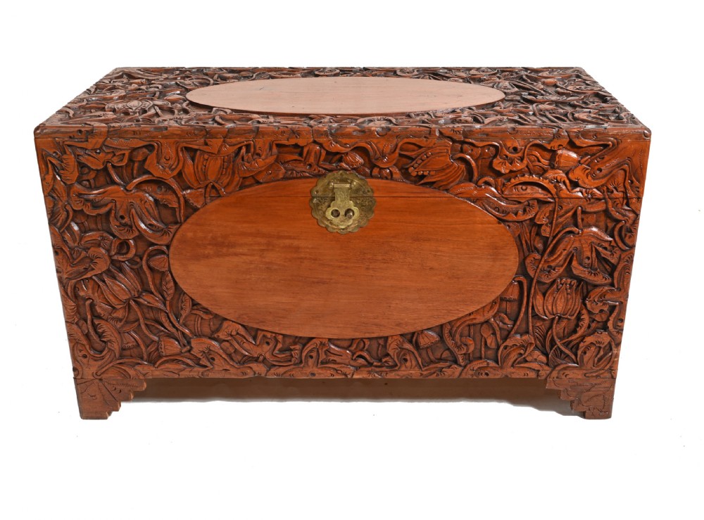 Carved Antique Camphor Chest Chinese Sailors Trunk View V