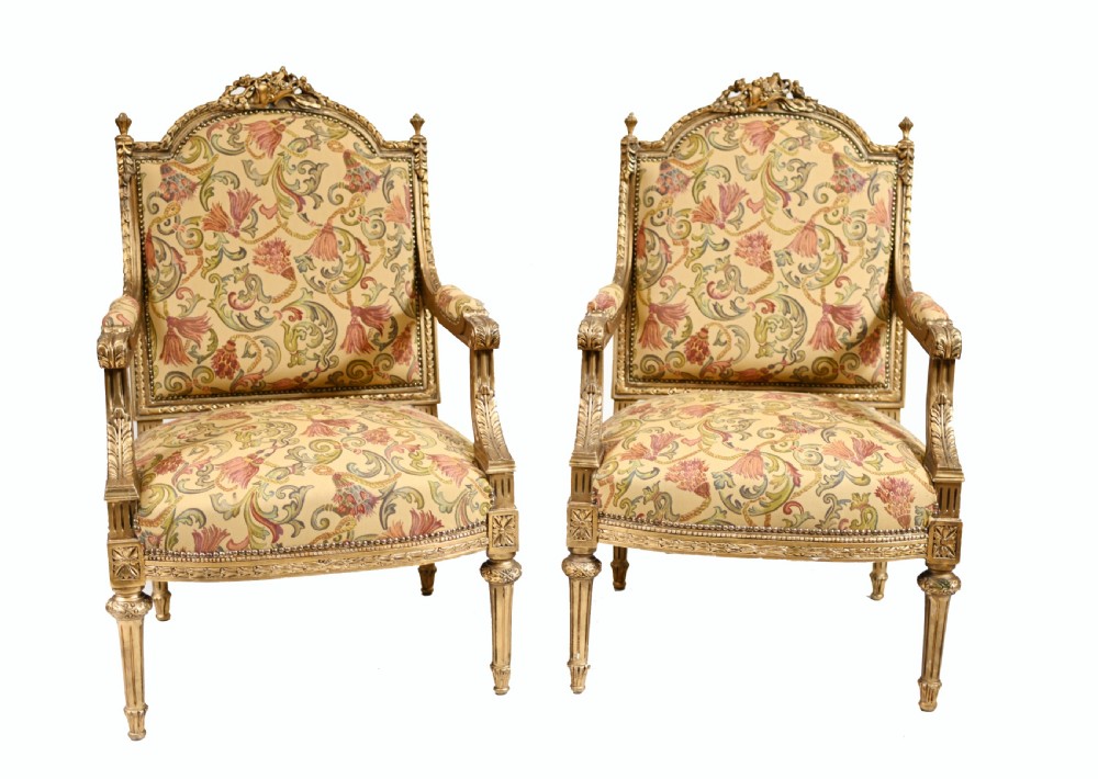 Pair French Gilt Arm Chairs Antique Fauteuil 1900