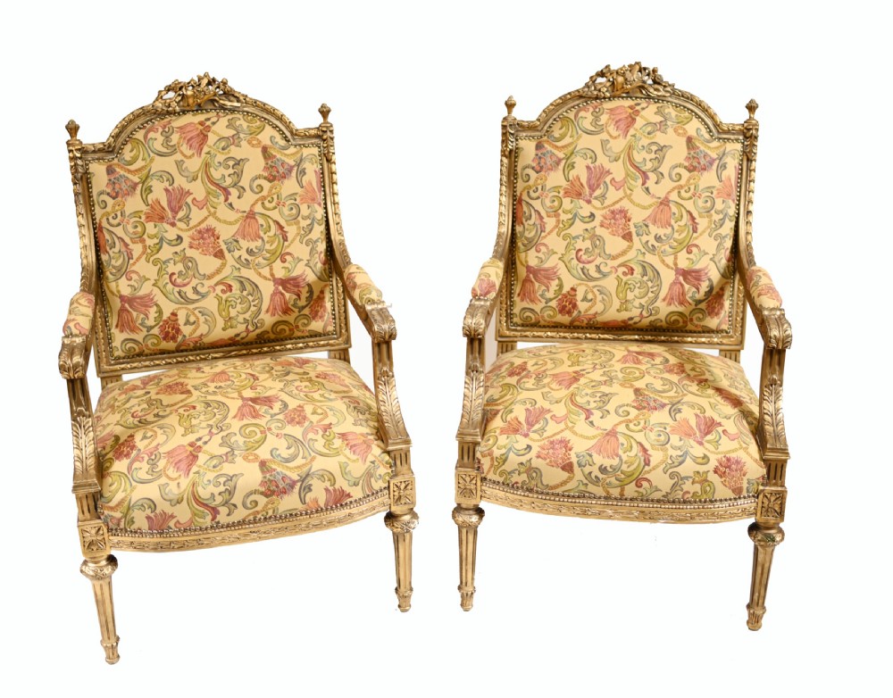 Pair French Gilt Arm Chairs Antique Fauteuil 1900 View II
