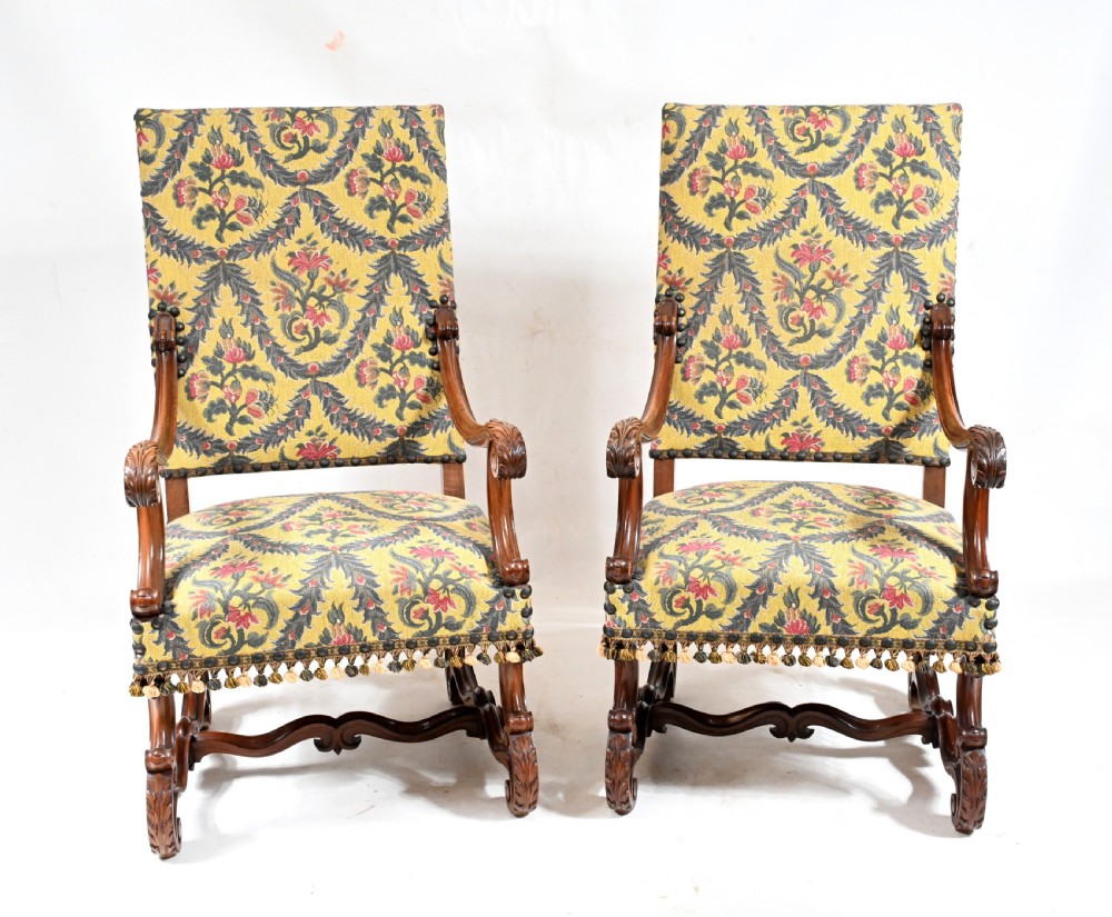 Pair Walnut Arm Chairs Carved Cromwellian Farmhouse