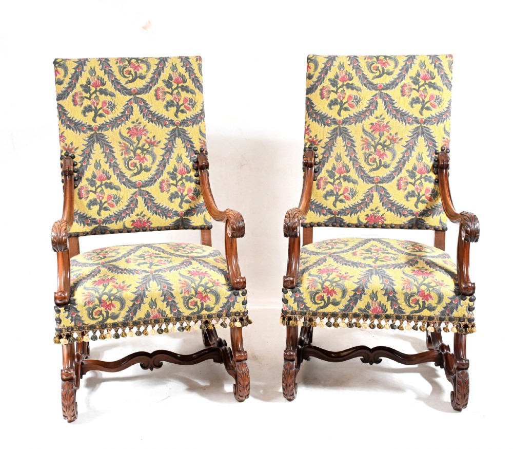 Pair Walnut Arm Chairs Carved Cromwellian Farmhouse View II