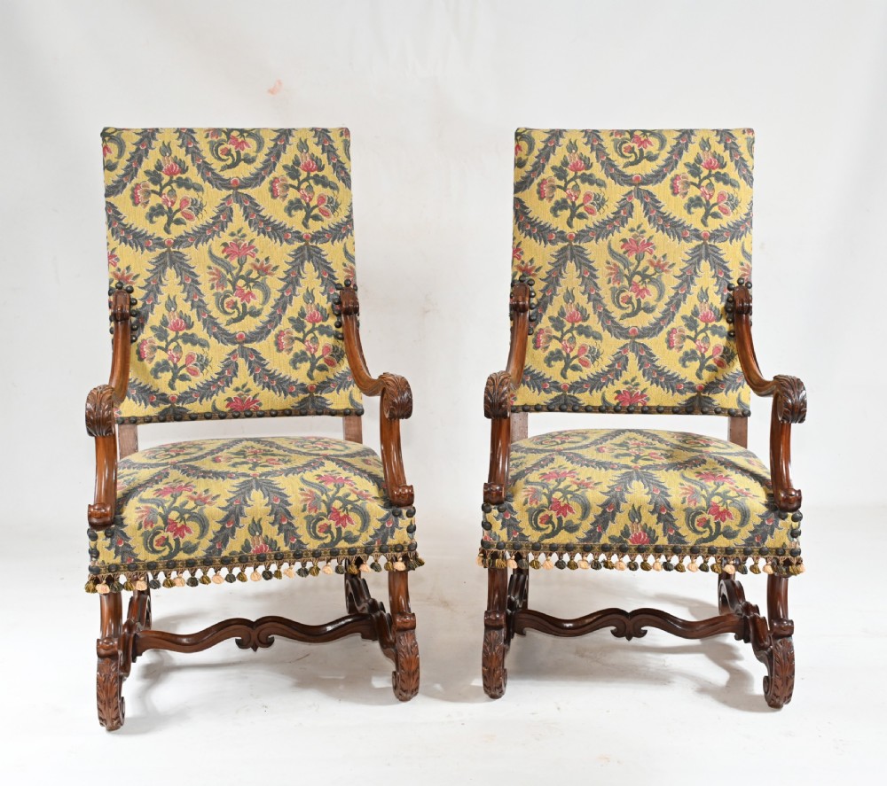 Pair Walnut Arm Chairs Carved Cromwellian Farmhouse View III