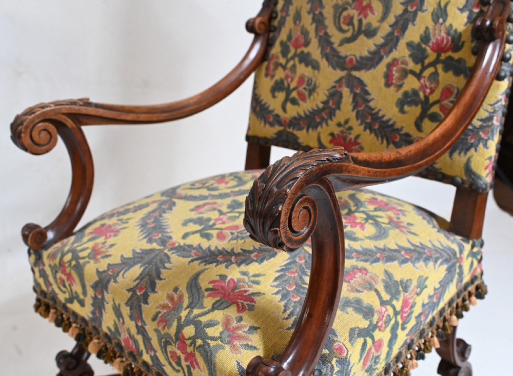 Pair Walnut Arm Chairs Carved Cromwellian Farmhouse View VII