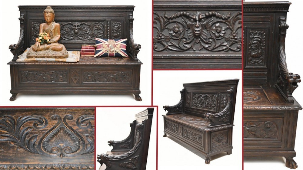 Carved Oak Monks Bench English Settle Antique 1880
 View II
