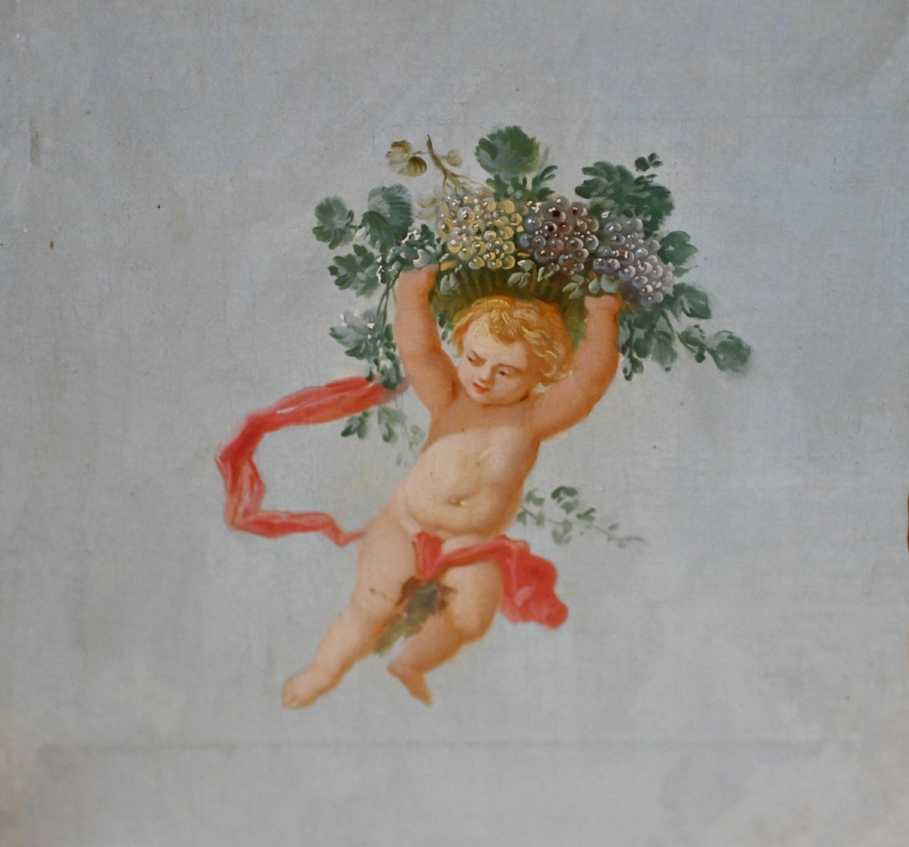 A red six-panel folding screen painted with classical figures, cherubs, and urns within gilded scrollwork borders. View X