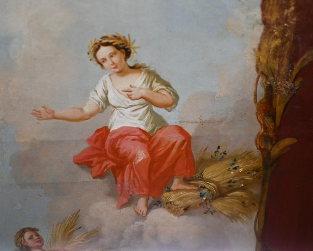 A red six-panel folding screen painted with classical figures, cherubs, and urns within gilded scrollwork borders. View XIII
