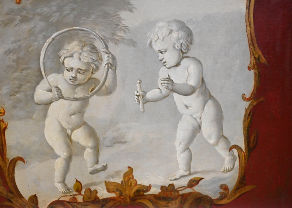 A red six-panel folding screen painted with classical figures, cherubs, and urns within gilded scrollwork borders. View XIV