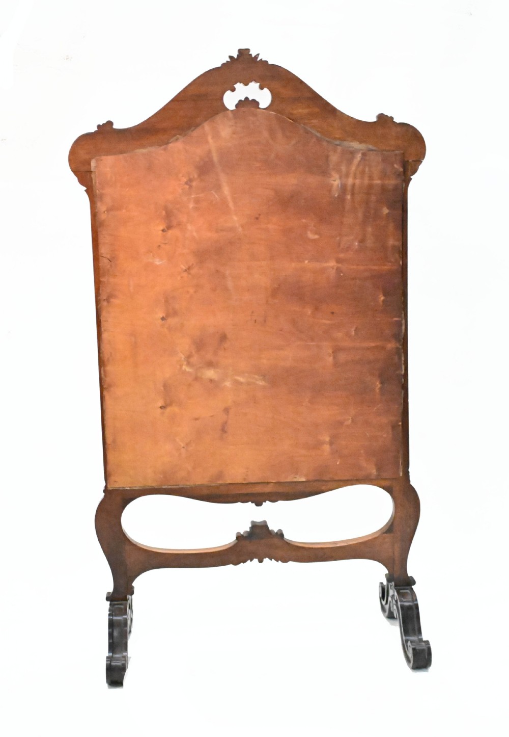 An early Victorian carved wooden fire screen featuring a hand-worked needlepoint tapestry of a pastoral scene set within a scrolled frame. View XI