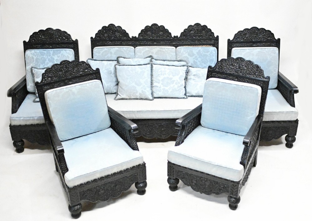 Colonial Settee Arm Chairs Antique India 3 Piece Suite Padauk Wood